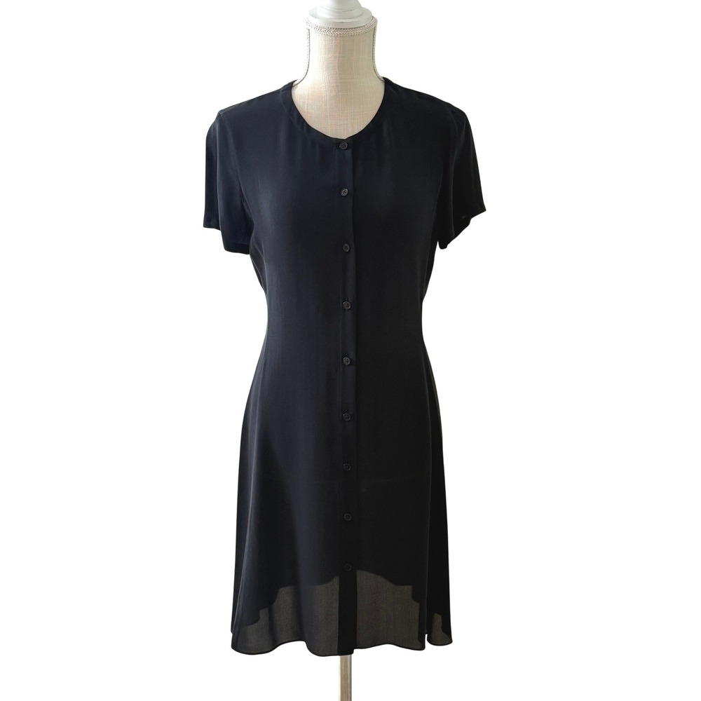 Banana Republic Womens Black‎ 100% Silk Button Front Short Sleeve Midi Dress 2